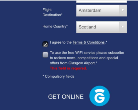 Glasgow airport's website showing forced opt in