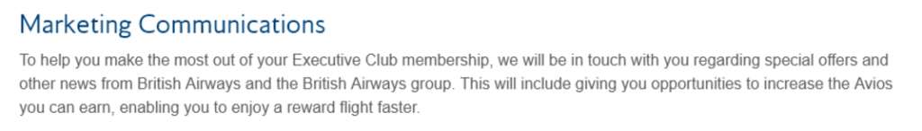 BAs site giving a reason to choose to receive marketing