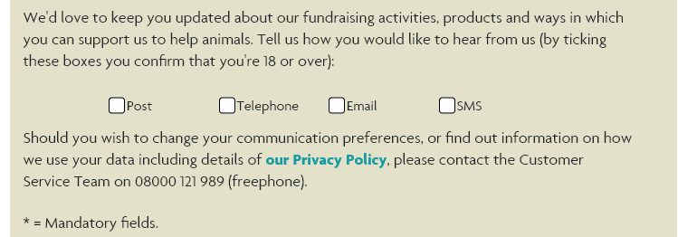 RSPCA showing the marketing checkboxes which don't stand out