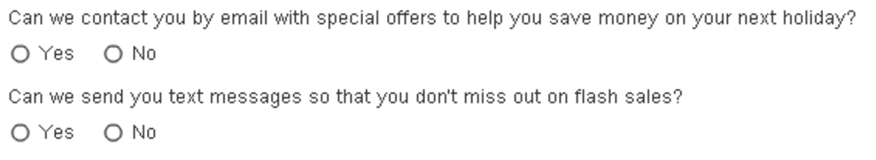 Wireframing showing Yes/No radio buttons for opt in/out